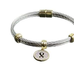 Stainless Steel Magnetic Breast Cancer Awareness Ribbon Charm Bracelet - 8”